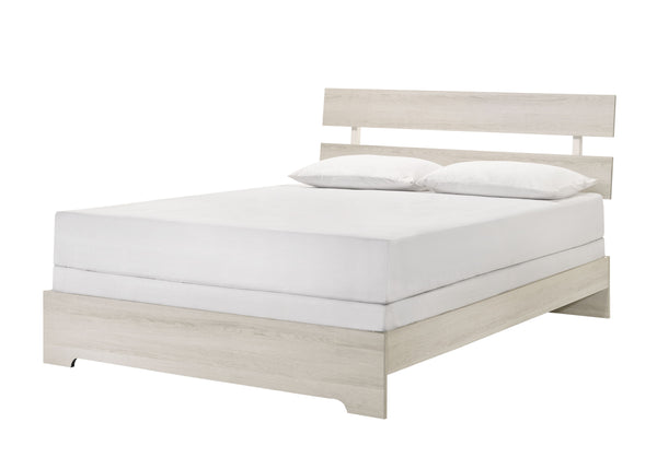 This bedroom collection embodies a rustic, yet contemporary aesthetic with its clean lines and neutral color palette. The set includes a low-profile bed frame, a dresser with a mirror, and a tall chest, all finished in a versatile white wash that easily c