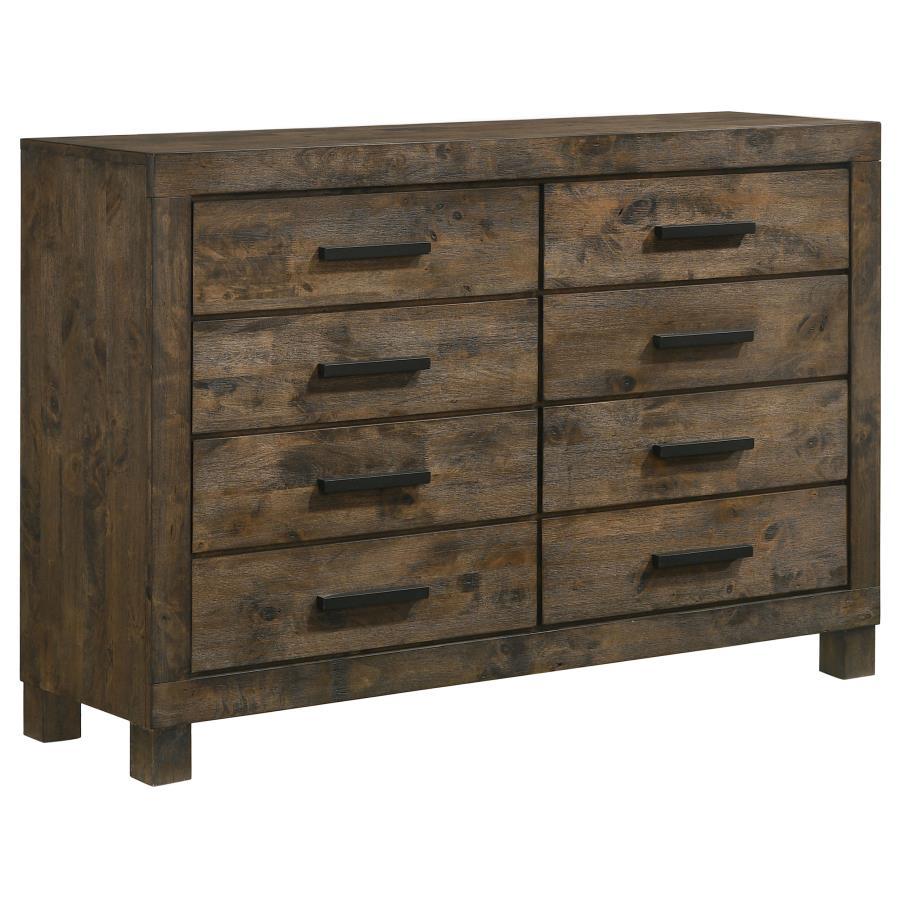 Bring a bedroom together with the rich, rugged design of this handsome, rustic style dresser. A golden brown finish with natural wood grains adds warmth and depth to its design. Eight storage drawers provide plenty of space for clothing and bedroom essent