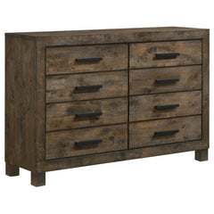 Bring a bedroom together with the rich, rugged design of this handsome, rustic style dresser. A golden brown finish with natural wood grains adds warmth and depth to its design. Eight storage drawers provide plenty of space for clothing and bedroom essent