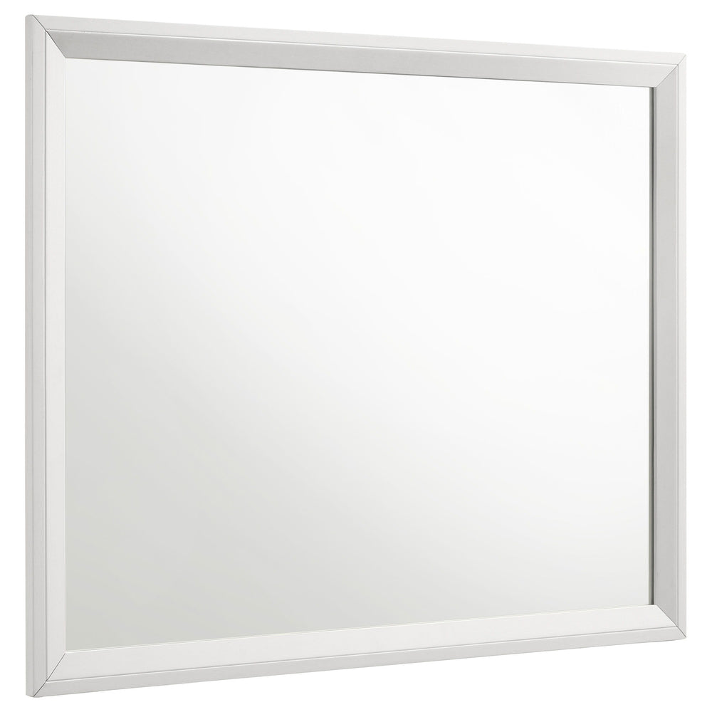 Upgrade your bedroom with the stylish look of a modern dresser mirror. This design is framed, with smooth trim and open corners. A white finish is fresh and contemporary, offering versatility to complement a variety of dressers. The mirror mounts to the b