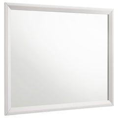 Upgrade your bedroom with the stylish look of a modern dresser mirror. This design is framed, with smooth trim and open corners. A white finish is fresh and contemporary, offering versatility to complement a variety of dressers. The mirror mounts to the b