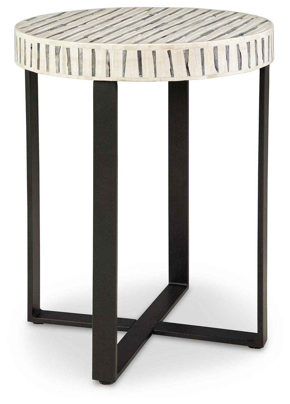 Understatedly cool in its construction, this accent table adds a subtle sense of edginess to your modern decor. Its bone inlay in cream and black creates visual intrigue on the top, balanced out by the sleekly styled black base.<br/><br/><b>Product Featur