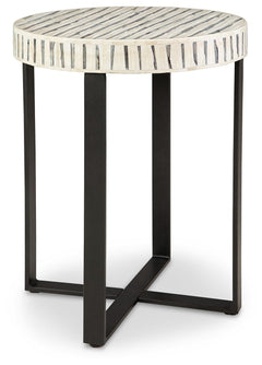 Understatedly cool in its construction, this accent table adds a subtle sense of edginess to your modern decor. Its bone inlay in cream and black creates visual intrigue on the top, balanced out by the sleekly styled black base.<br/><br/><b>Product Featur