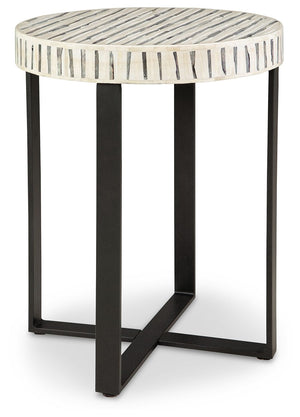 Understatedly cool in its construction, this accent table adds a subtle sense of edginess to your modern decor. Its bone inlay in cream and black creates visual intrigue on the top, balanced out by the sleekly styled black base.<br/><br/><b>Product Featur