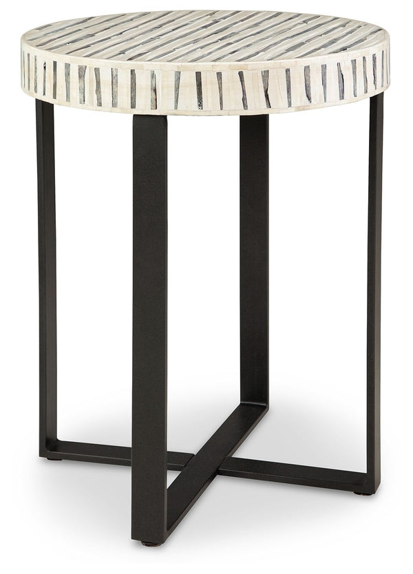 Understatedly cool in its construction, this accent table adds a subtle sense of edginess to your modern decor. Its bone inlay in cream and black creates visual intrigue on the top, balanced out by the sleekly styled black base.<br/><br/><b>Product Featur