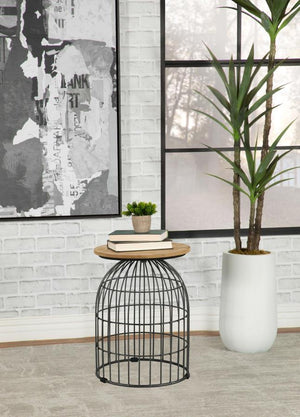  featuring a birdcage-inspired metal base and a natural beige marble top. The open wireframe design creates an airy