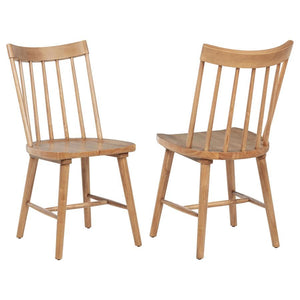 This modern Windsor-style dining side chair refreshes a classic silhouette with a trendy finish, creating a sleek, contemporary accent in any dining room. Built from solid hardwood, it ensures sturdy support and everyday durability. Its slender spindles a