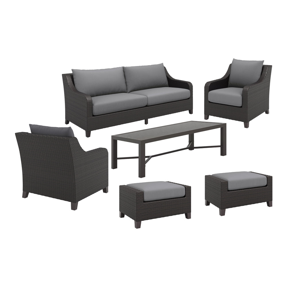 Enhance your outdoor living space with the Skye Outdoor Patio 6 Piece Conversation Set in Gray. This set includes a three-seater sofa, two club chairs, two matching ottomans, and a coffee table, offering ample seating and comfort for your guests. The alum
