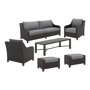 Enhance your outdoor living space with the Skye Outdoor Patio 6 Piece Conversation Set in Gray. This set includes a three-seater sofa, two club chairs, two matching ottomans, and a coffee table, offering ample seating and comfort for your guests. The alum