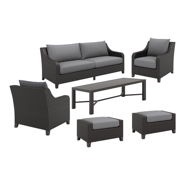 Enhance your outdoor living space with the Skye Outdoor Patio 6 Piece Conversation Set in Gray. This set includes a three-seater sofa, two club chairs, two matching ottomans, and a coffee table, offering ample seating and comfort for your guests. The alum