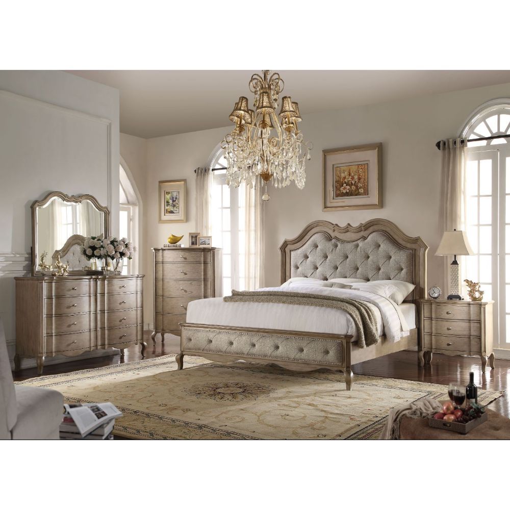 Sleep in comfortable style in this Chelmsford bed constructed with durable solid wood for your long-lasting enjoyment. For a touch of elegance, this upholstered bedroom collection features cursive components for a classy appearance.<br/><br/><b>Product Fe