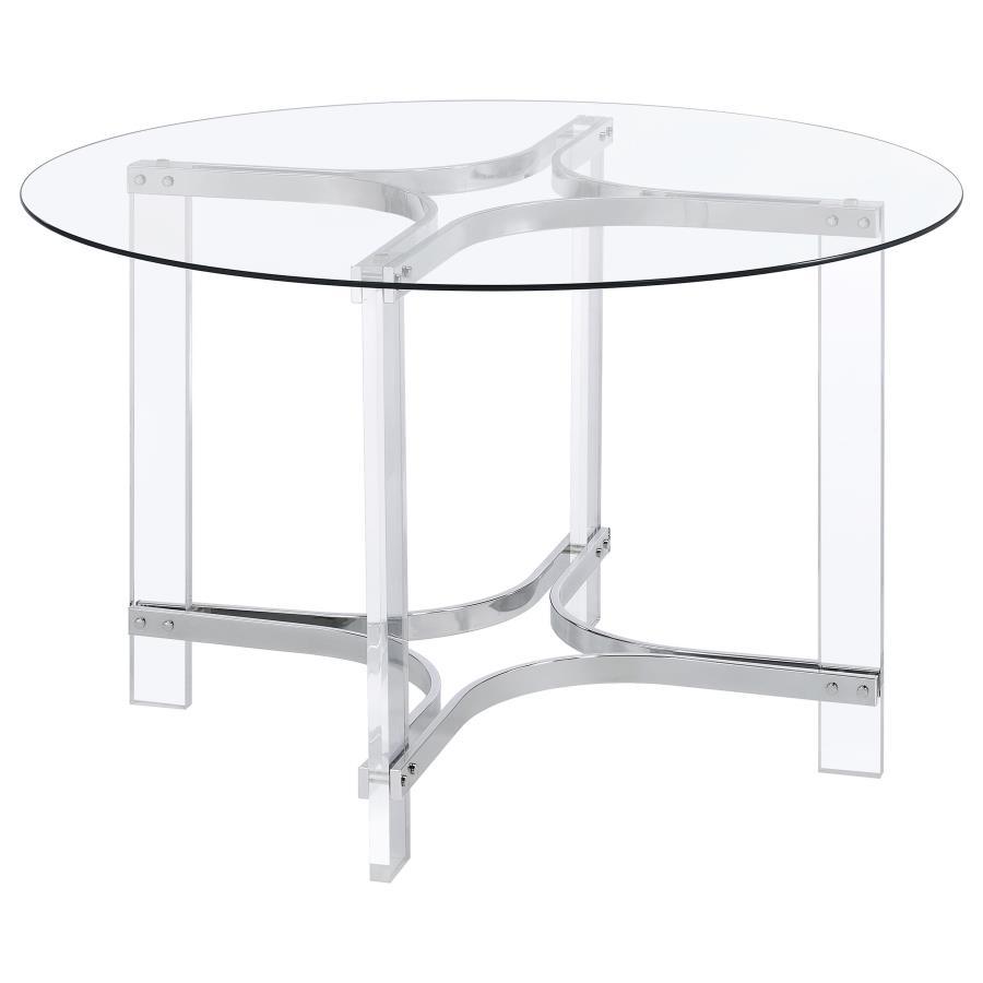 Center your dining experience on a chic, modern round dining table with sculptural appeal. It boasts four straight clear acrylic legs with four-point star bases that create incredible stability. The gleaming chrome finish stands out, adding artistry to yo