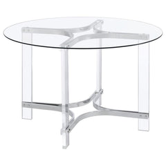 Center your dining experience on a chic, modern round dining table with sculptural appeal. It boasts four straight clear acrylic legs with four-point star bases that create incredible stability. The gleaming chrome finish stands out, adding artistry to yo