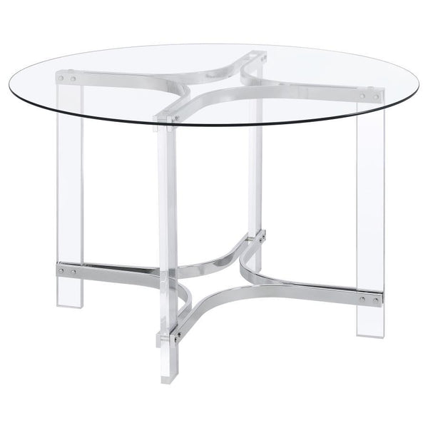 Center your dining experience on a chic, modern round dining table with sculptural appeal. It boasts four straight clear acrylic legs with four-point star bases that create incredible stability. The gleaming chrome finish stands out, adding artistry to yo