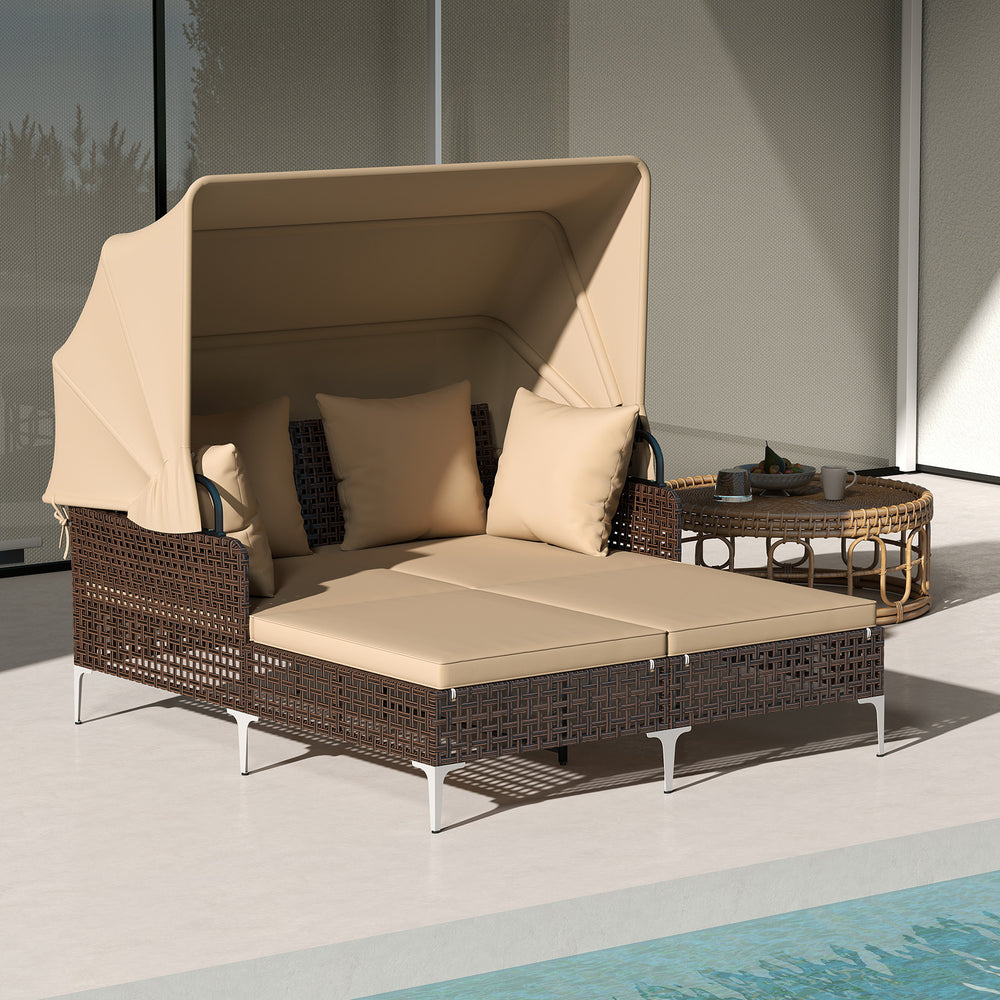Provide a light  airy look and feel with open-weave PE rattan<br>The premium rattan also ensures fade-resistant and sun-protective durability<br>Open the canopy for shaded comfort with a premium gas strut<br>Close the canopy for sunbathing<br>Canopy secur