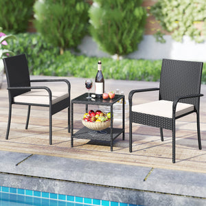 Crafted from appealing and long-lasting PE rattan<br>Comfortable to sit with ergonomic backrest and armrests<br>Soft seat cushions bring more coziness<br>Zippered cushion covers for simple maintenance<br>Side table with 2-tier design for more storage spac