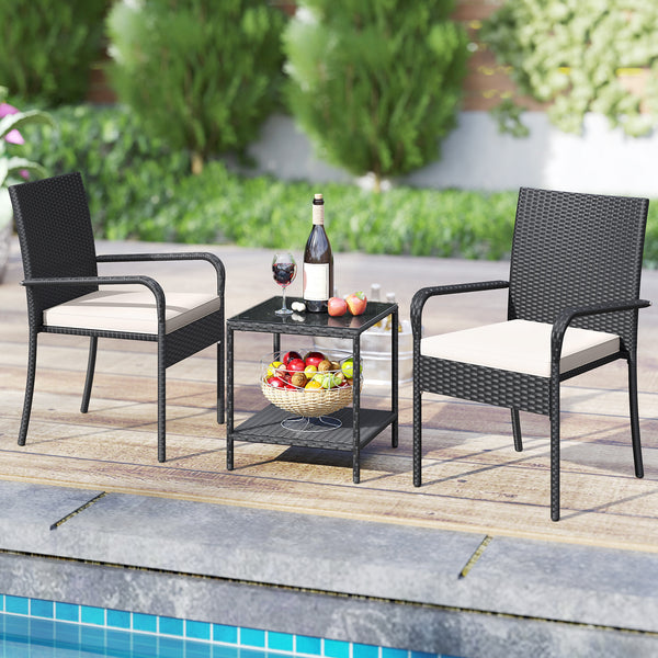 Crafted from appealing and long-lasting PE rattan<br>Comfortable to sit with ergonomic backrest and armrests<br>Soft seat cushions bring more coziness<br>Zippered cushion covers for simple maintenance<br>Side table with 2-tier design for more storage spac