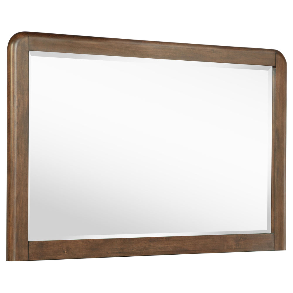 Upgrade your dresser with a matching framed mirror. It-'s a handsome presentation that features rounded open corners on a walnut veneer frame with subtle grain details that add approachable style. The mirror is a horizontal presentation, adding airy light