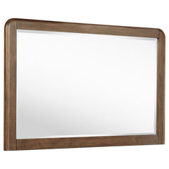 Upgrade your dresser with a matching framed mirror. It-'s a handsome presentation that features rounded open corners on a walnut veneer frame with subtle grain details that add approachable style. The mirror is a horizontal presentation, adding airy light