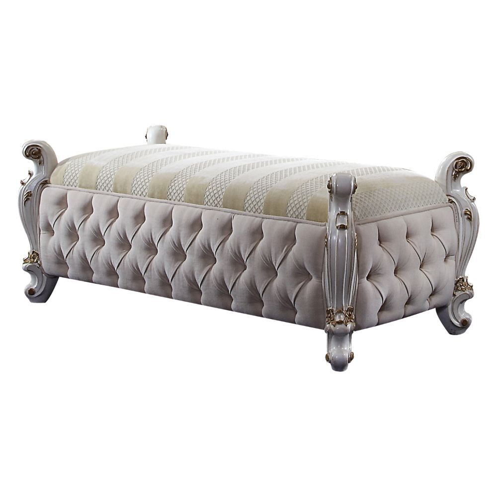 Rectangular Armless Bench (Backless) Stationary Seat Padded SEAT-BASE: Antique White Fabric Cushion w/Welt Trim (Pattern Top Seat & Solid Pattern Base) BACKLESS Oversized Scrolled Poster-Leg Armless<br/><br/><b>Product Features</b><ul><li>Case: 1Pc/1Ctn</