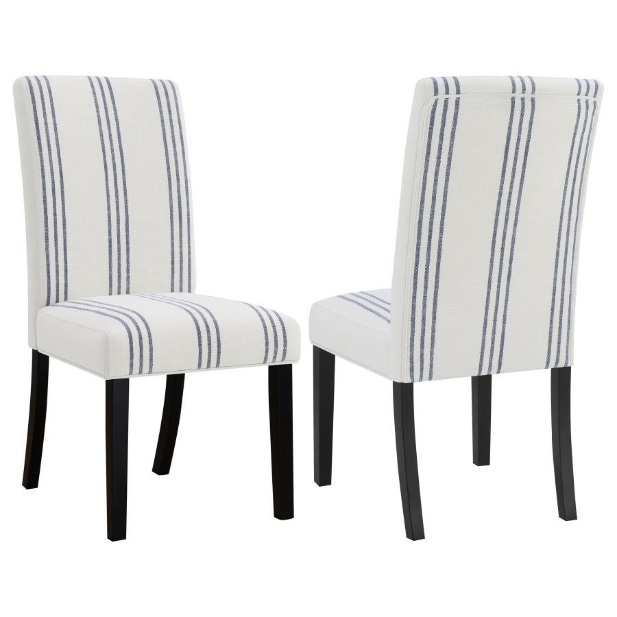 This dining chair blends casual elegance with functional comfort, making it a versatile addition to dining spaces. Upholstered in a linen-like beige fabric with subtle blue stripes, it adds a relaxed yet refined aesthetic. The chair features a padded seat