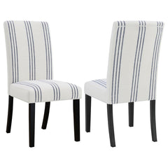 This dining chair blends casual elegance with functional comfort, making it a versatile addition to dining spaces. Upholstered in a linen-like beige fabric with subtle blue stripes, it adds a relaxed yet refined aesthetic. The chair features a padded seat