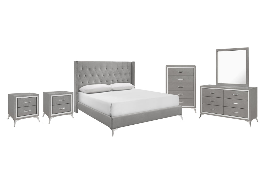 The Huxley 6-Piece Bedroom Set in Gray seamlessly combines contemporary glam with durable craftsmanship for an elegant and functional bedroom setup. This set includes an upholstered bed with headboard, footboard, two side rails, and slat kit, along with a