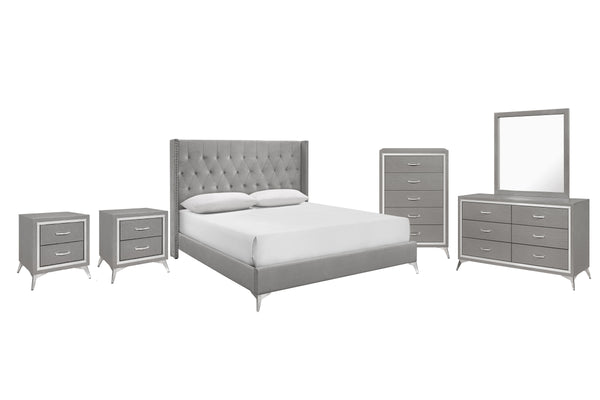 The Huxley 6-Piece Bedroom Set in Gray seamlessly combines contemporary glam with durable craftsmanship for an elegant and functional bedroom setup. This set includes an upholstered bed with headboard, footboard, two side rails, and slat kit, along with a