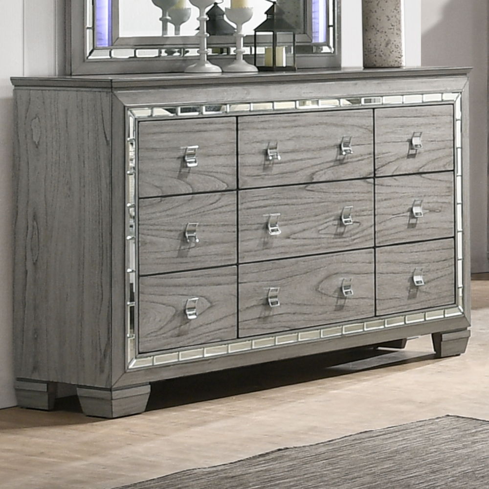 9 Drw Case-Leg Wooden Frame with Mirrored Front Trim Wooden Block Leg Shape: Rectangular<br/><br/><b>Product Features</b><ul><li>Case: 1Pc/1Ctn</li><li>Finish: Light Gray Oak</li><li>Style: Glam</li><li>Materials: Wood, Mirror, Composite Wood</li></ul><br