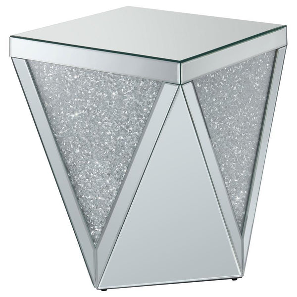  glittery material. The triangular mirrored surfaces create reflective beauty