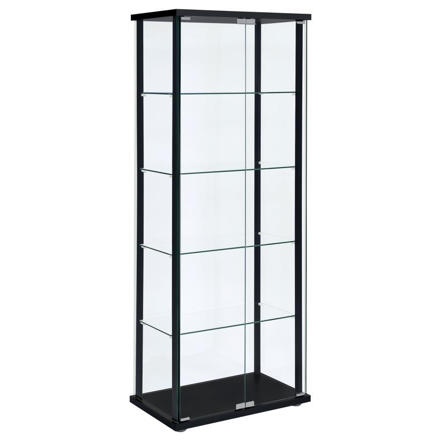Transparency and linear styling make this curio cabinet stand out and shine. Simple design work blends straight lines with a slender black frame and tempered glass shelves. Push-to-open doors offer easy access to interior shelving. Put your best decor on 