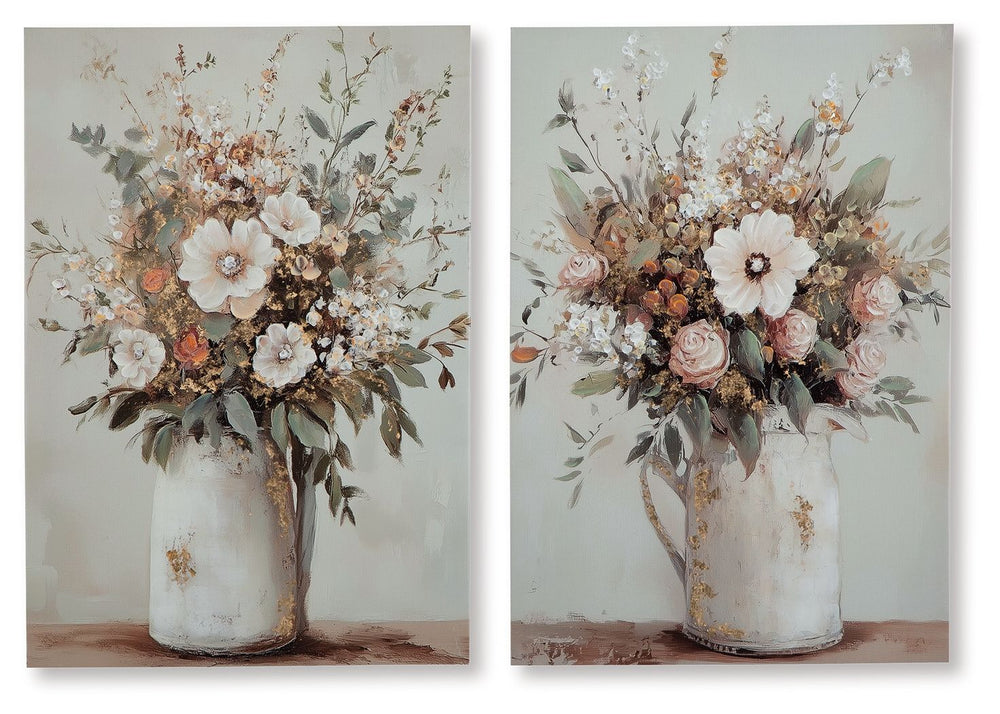This wall art set is a perfect pairing for casual spaces. Making the most of wonderfully muted shadesâ€”with a touch of gold foil embellishmentâ€”the images of floral arrangements in pitchers exude a welcome vibe. These gallery wrapped canvases add fresh 