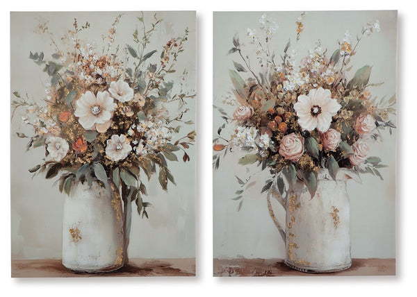 This wall art set is a perfect pairing for casual spaces. Making the most of wonderfully muted shadesâ€”with a touch of gold foil embellishmentâ€”the images of floral arrangements in pitchers exude a welcome vibe. These gallery wrapped canvases add fresh 