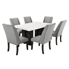 The Faust 2 Piece Adjustable Height Dining Table combines luxurious design with practical functionality, making it a standout addition to any dining area. This set includes a sophisticated white faux marble tabletop and a sturdy black pedestal base. Craft