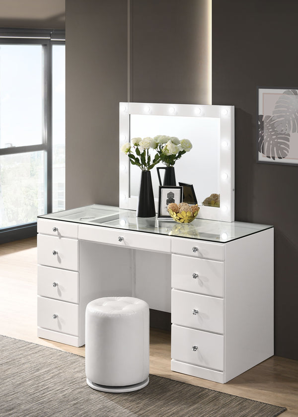 Avery - Vanity Desk With Glass Top And LED Mirror - White<h4><b>Avery - Vanity Base - White</b></h4> <table width="100%"><colgroup><col style="width: 30%"> <col style="width: 70%"> </colgroup> <tbody> <tr> <td>Dimensions</td> <td> 57.00"L x 23.25"D x 31.0