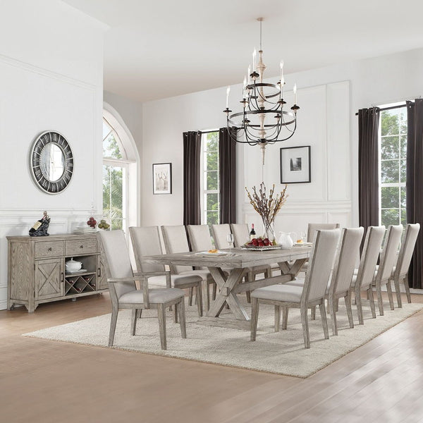  the dining table with trestle base and its matching chair create a rustic style look to your dining space. A matching server with wine rack is also availa
