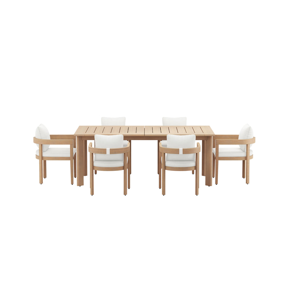 The Wesley 7-Piece Wood Patio Dining Set brings together comfort, durability, and style to create a warm, inviting space for outdoor gatherings. This set includes an extendable dining table and six cushioned chairs, all crafted from FSC-certified Acacia s