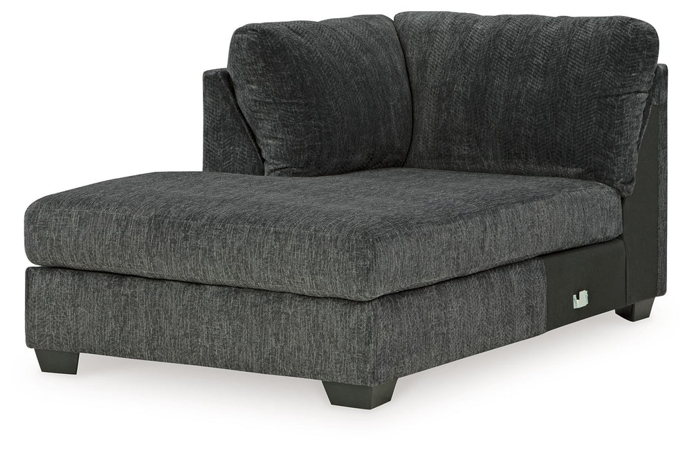 This left-arm facing corner chaise is made with polyester upholstery. Pairs with other items in the series to make a sectional, sold separately.<br><br><b>Additional Dimensions</b><br><ul><li>Arm height: 40-"</li><li>Seat depth: 57-"</li><li>Seat height: 