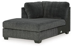This left-arm facing corner chaise is made with polyester upholstery. Pairs with other items in the series to make a sectional, sold separately.<br><br><b>Additional Dimensions</b><br><ul><li>Arm height: 40-"</li><li>Seat depth: 57-"</li><li>Seat height: 