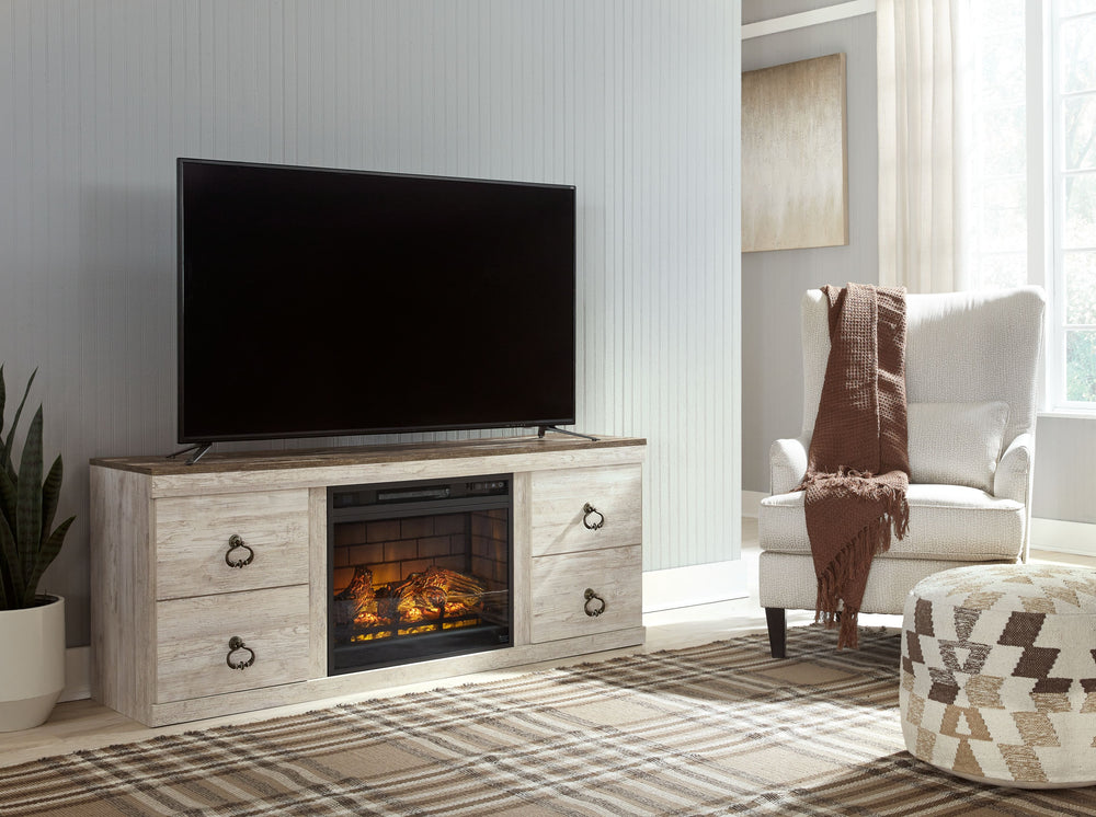 This TV stand with LED fireplace insert is the ultimate statement piece for your coastal cottage or shabby chic inspired retreat. Its whitewash finish is wonderfully easy on the eyes. Paired with the TV standâ€™s unique plank-style top, itâ€™s a driftwood