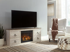 This TV stand with LED fireplace insert is the ultimate statement piece for your coastal cottage or shabby chic inspired retreat. Its whitewash finish is wonderfully easy on the eyes. Paired with the TV standâ€™s unique plank-style top, itâ€™s a driftwood