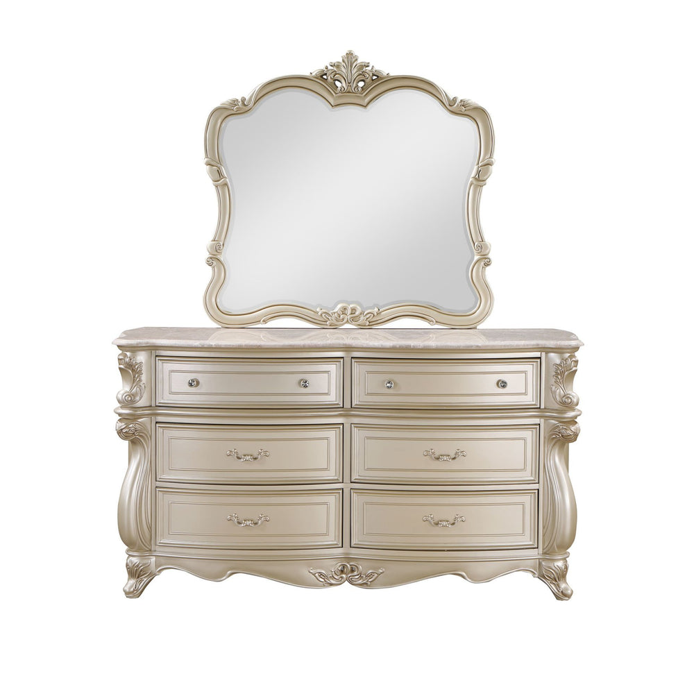 The Monique Mirror in Champagne is a perfect blend of heirloom quality construction and French Provincial elegance. Crafted with poplar solids and birch veneers, this mirror ensures strength and durability. Its design reflects the charm and sophistication