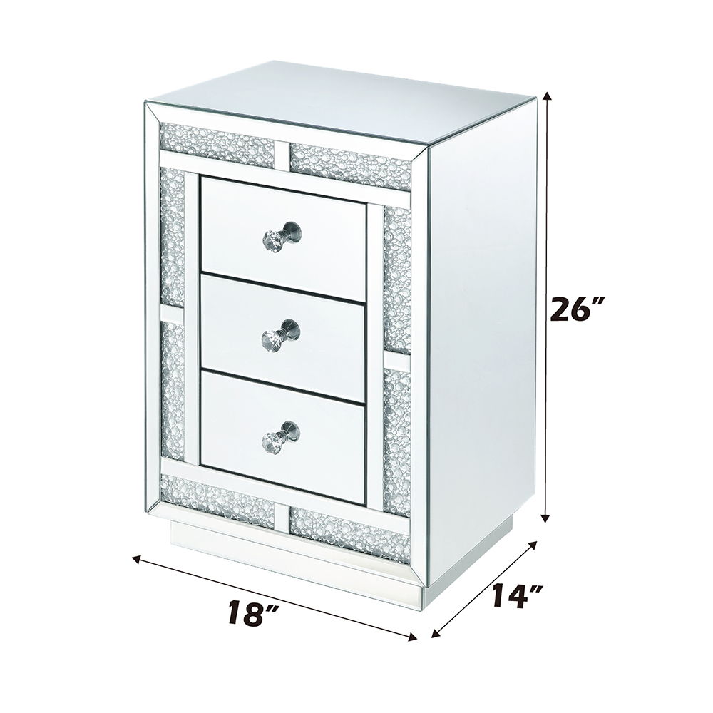 Assembled, Rectangular Night Table Storage: 3 Drw Features: Mirrored Finish, Trim w/Faux Crystals & Clear Glass CONSTRUCTION Mirrored Case Frame: 4mm Beveled Mirror, MDF
