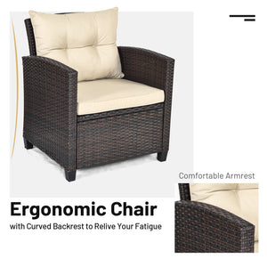 The strong and sturdy steel frame ensures the sturdiness of the set<br>Hand-woven rattan can withstand moderate rain or wind in outdoor<br>A wide armrest in suitable height is good for supporting and relaxing your arm<br>Thick and soft cushion with a high
