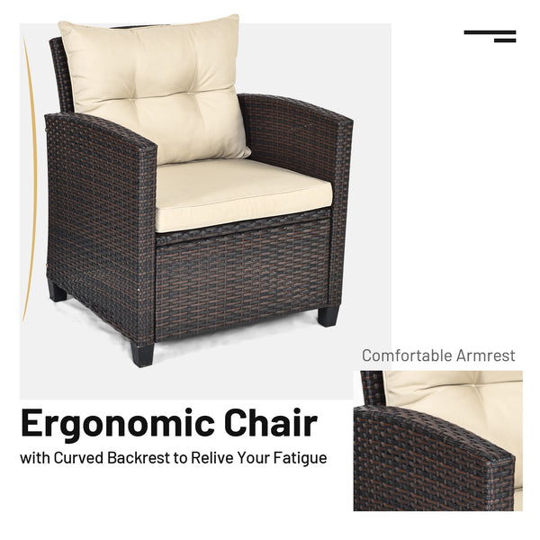 The strong and sturdy steel frame ensures the sturdiness of the set<br>Hand-woven rattan can withstand moderate rain or wind in outdoor<br>A wide armrest in suitable height is good for supporting and relaxing your arm<br>Thick and soft cushion with a high