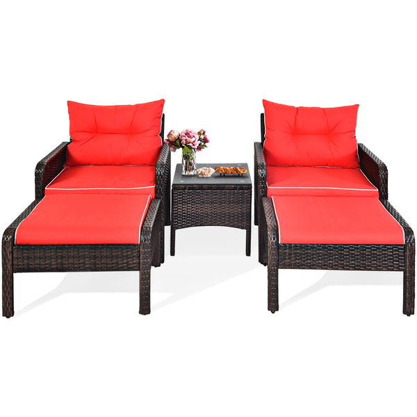 Includes 2 single chairs  2 ottomans and a side table<br>Heavy-duty metal frame with great sturdiness<br>All-weather PE rattan durable for outdoor use<br>Long-lasting tempered glass table smooth for wiping<br>3" thick cushions for excellent softness<br>Re