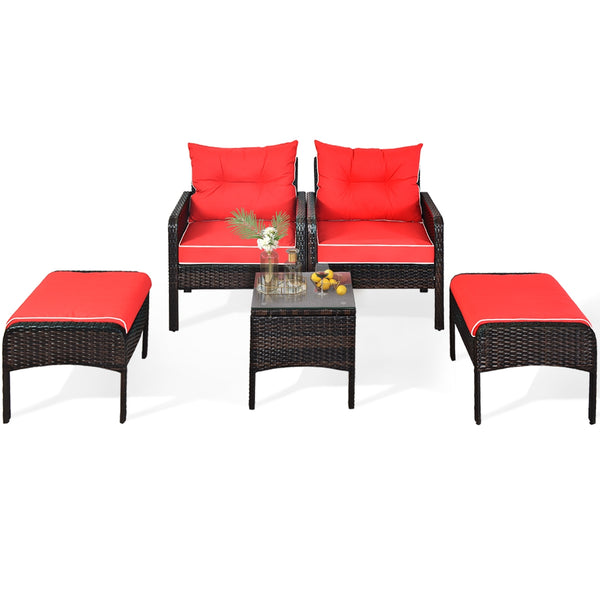 Includes 2 single chairs  2 ottomans and a side table<br>Heavy-duty metal frame with great sturdiness<br>All-weather PE rattan durable for outdoor use<br>Long-lasting tempered glass table smooth for wiping<br>3" thick cushions for excellent softness<br>Re