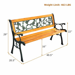 It consists of well-painted iron cast structure  solid wood seat and backrest frame  and PVC backrest pattern. <br>It comes with a size of 49.5" x 20.5" x 29" and features a strong load-bearing capacity of up to 463 lbs. <br>It's able to comfortably seat 
