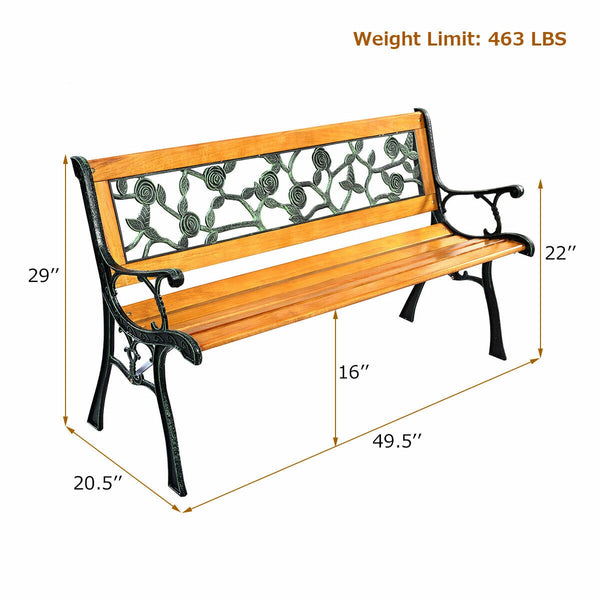 It consists of well-painted iron cast structure  solid wood seat and backrest frame  and PVC backrest pattern. <br>It comes with a size of 49.5" x 20.5" x 29" and features a strong load-bearing capacity of up to 463 lbs. <br>It's able to comfortably seat 