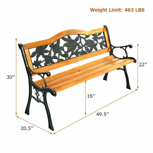 Consist of well-painted iron cast structure  solid wood seat and backrest frame  and PVC backrest pattern Come with a size of 49.5" x 20.5" x 30" and features a strong load-bearing capacity of up to 463 lbs Able to comfortably seat three medium-sized adul